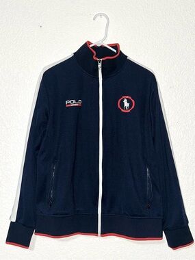 NWT XL Polo by Ralph Lauren Navy Blue & White Track Jacket with Red Trim